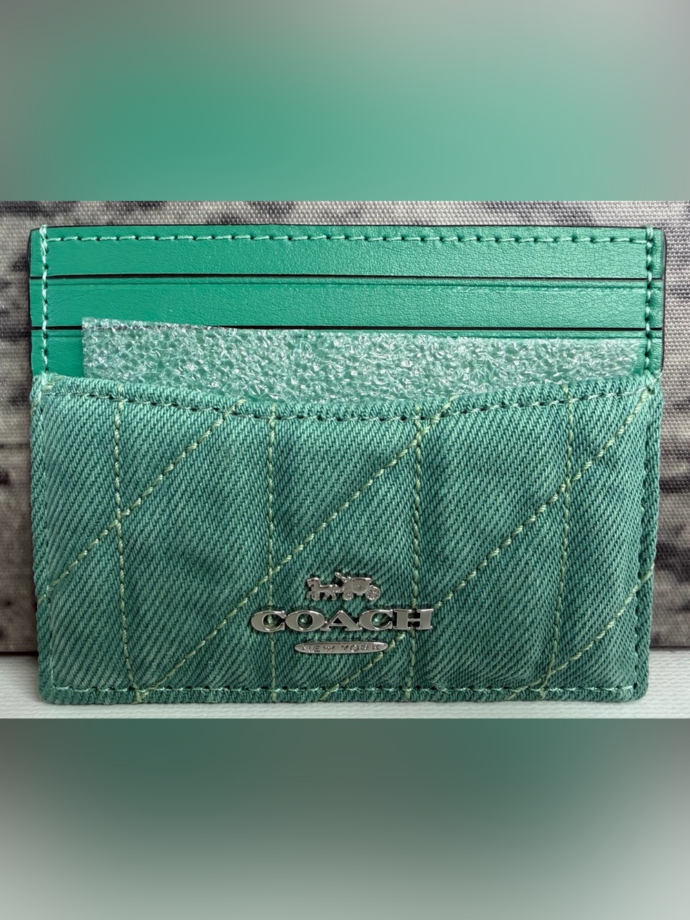 NWT Coach Outlet Slim ID Card Case Wallet Quilted Denim Ivy Green CBR13